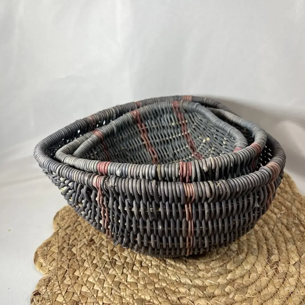 Vintage 80s Heart Wicker Nesting Baskets Set 3 Country Blue Mauve Cottage Decor
